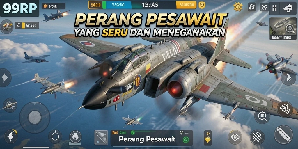 Antarmuka permainan 99RP dengan pesawat tempur yang siap bertarung.
