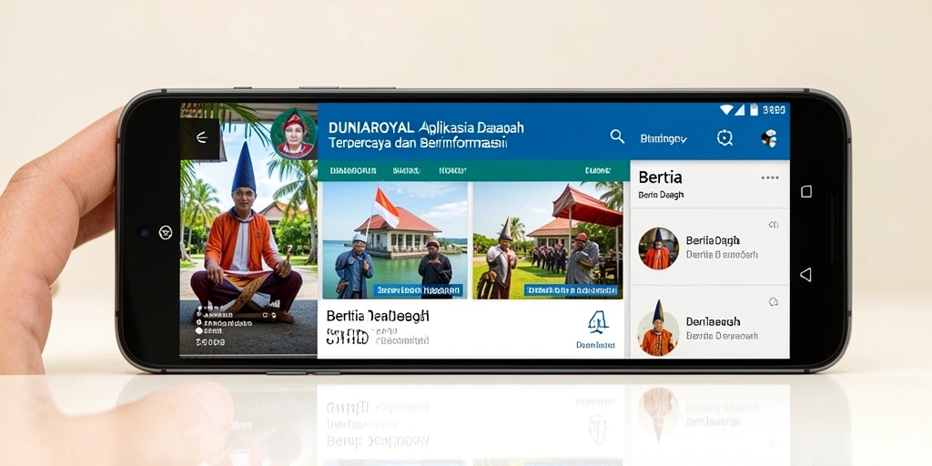 Screenshot tampilan antarmuka DUNIAROYAL dengan berita daerah.