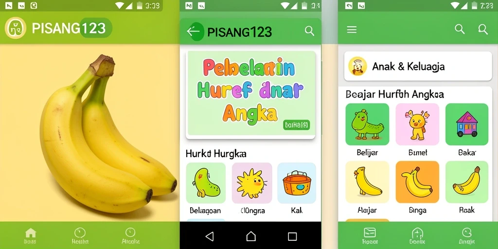 Tampilan antarmuka interaktif PISANG123 untuk belajar huruf dan angka.