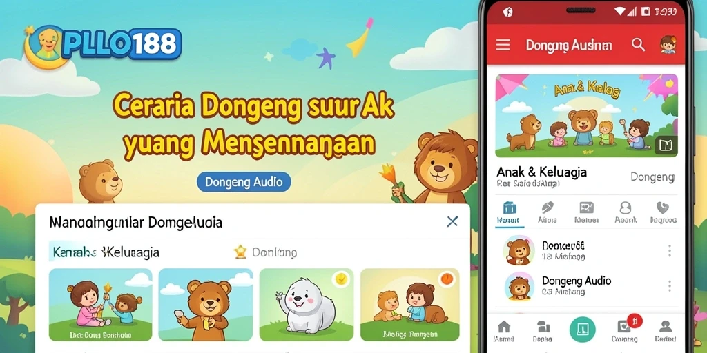 Antarmuka aplikasi POLO188 menampilkan koleksi cerita audio untuk anak.